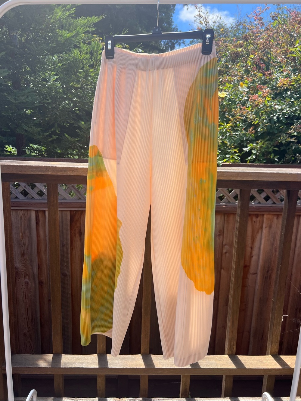 Pleated Straight Leg Jumpsuit Pants in Peach with Orange & Green Accents